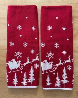 Deborah Connolly Designs 2 pc.set Bath Towels White & Red Christmas Santa Sleigh